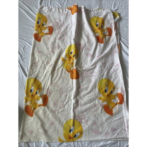 Vintage Tweety Bird & Sylvester Twin Flat Sheet Warner Bros 90s Cartoon White Pi - Picture 2 of 11
